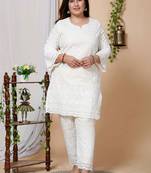 Women Plus Size Cream-Coloured Chikankari Thread Work Kurta with Palazzo
