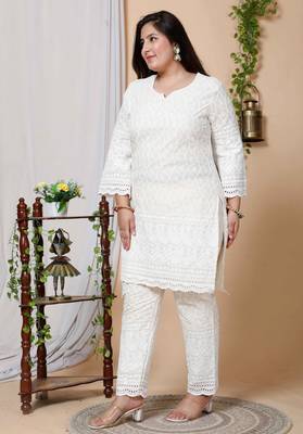 Women Plus Size Cream-Coloured Chikankari Thread Work Kurta with Palazzo 2