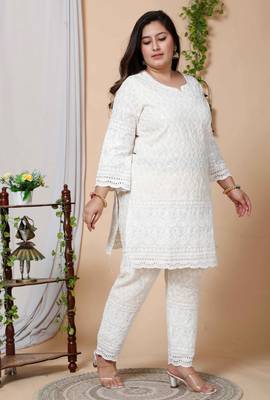 Women Plus Size Cream-Coloured Chikankari Thread Work Kurta with Palazzo 3