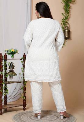 Women Plus Size Cream-Coloured Chikankari Thread Work Kurta with Palazzo 4