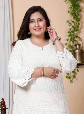 Women Plus Size Cream-Coloured Chikankari Thread Work Kurta with Palazzo 5