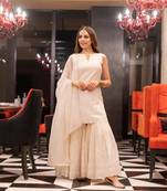 Womens Cream Embroidered Chikankari Cotton Kurta And Sharara With Dupatta Set