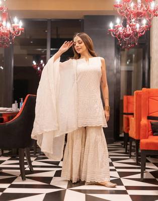 Womens Cream Embroidered Chikankari Cotton Kurta And Sharara With Dupatta Set 3