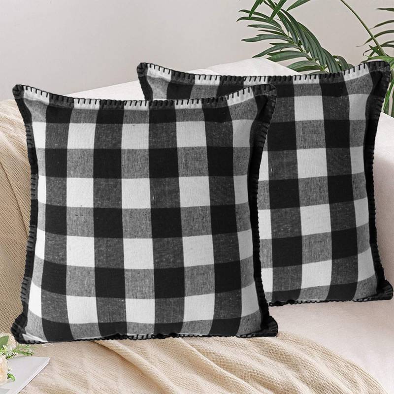 Lushomes Square Cushion Cover with Blanket Stitch, Cotton Sofa Pillow Cover Set of 2, 18x18 Inch, Big Checks
