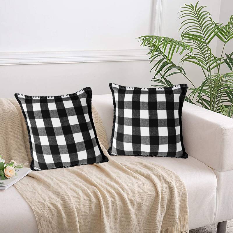 Lushomes Square Cushion Cover with Blanket Stitch, Cotton Sofa Pillow Cover Set of 2, 18x18 Inch, Big Checks