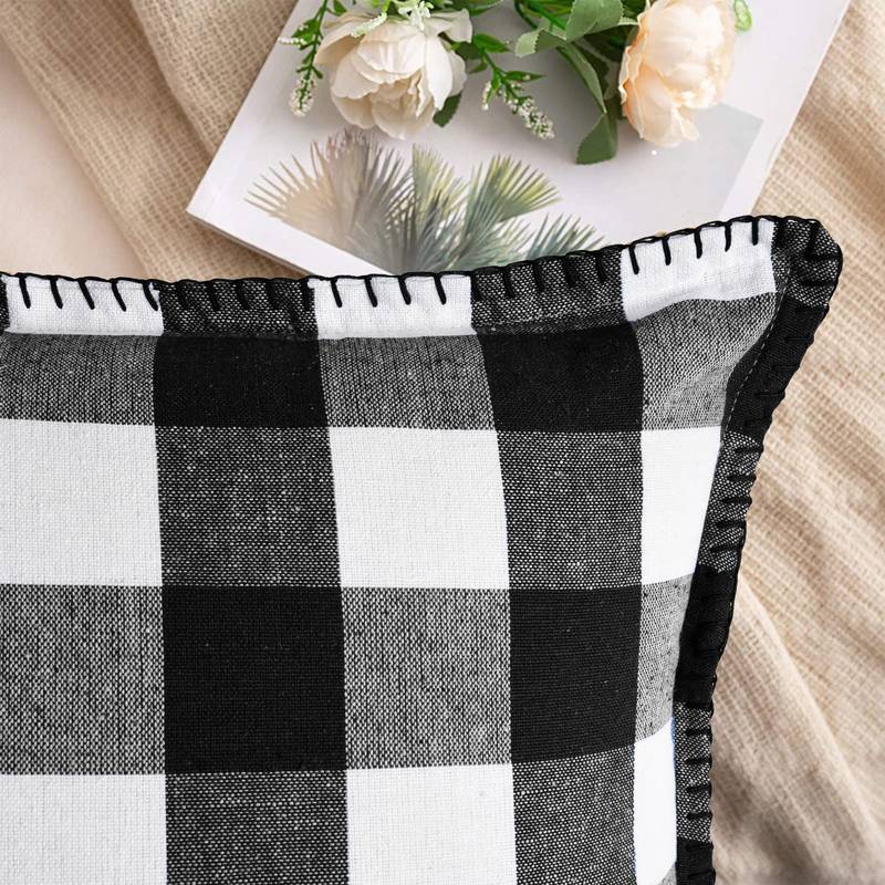 Lushomes Square Cushion Cover with Blanket Stitch, Cotton Sofa Pillow Cover Set of 2, 18x18 Inch, Big Checks