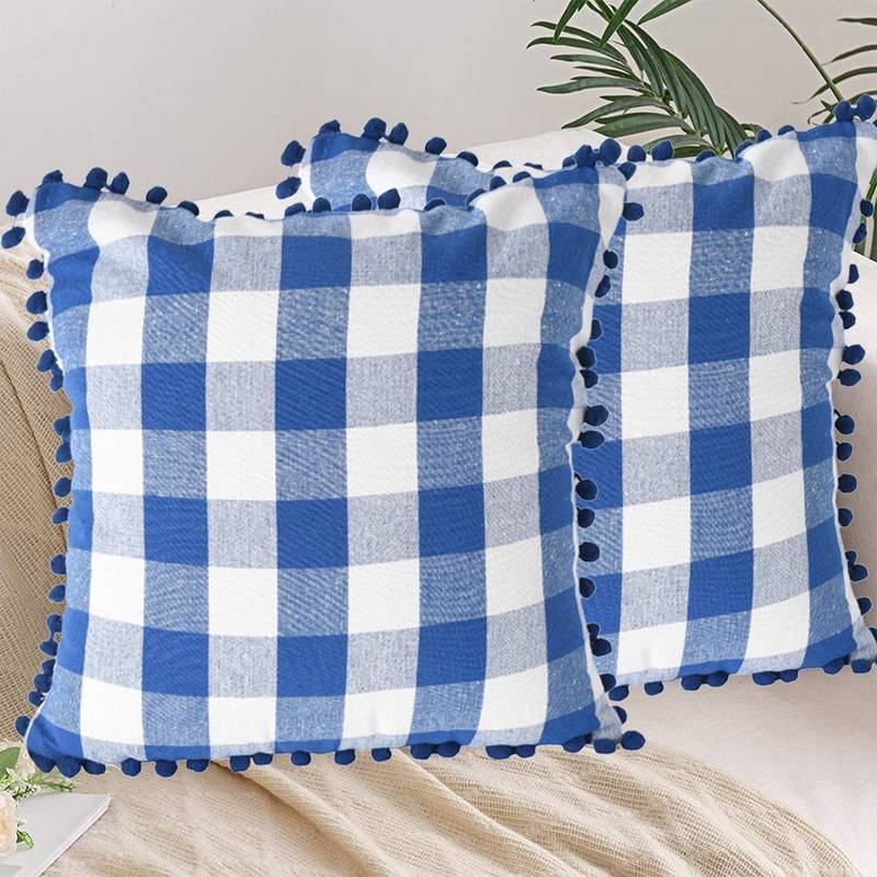 Lushomes Square Cushion Cover with Pom Pom, Cotton Sofa Pillow Cover Set of 2, 24x24 Inch, Big Checks, Blue and White