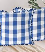 Lushomes Square Cushion Cover with Pom Pom, Cotton Sofa Pillow Cover Set of 2, 24x24 Inch, Big Checks, Blue and White