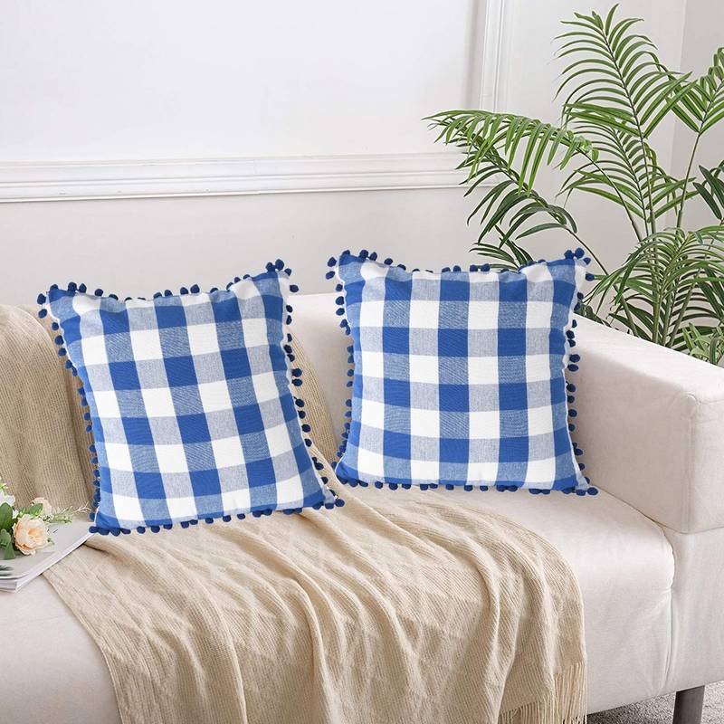 Lushomes Square Cushion Cover with Pom Pom, Cotton Sofa Pillow Cover Set of 2, 24x24 Inch, Big Checks, Blue and White