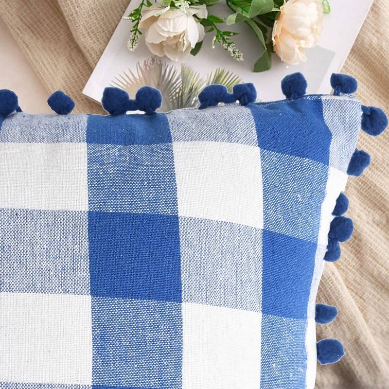 Lushomes Square Cushion Cover with Pom Pom, Cotton Sofa Pillow Cover Set of 2, 24x24 Inch, Big Checks, Blue and White