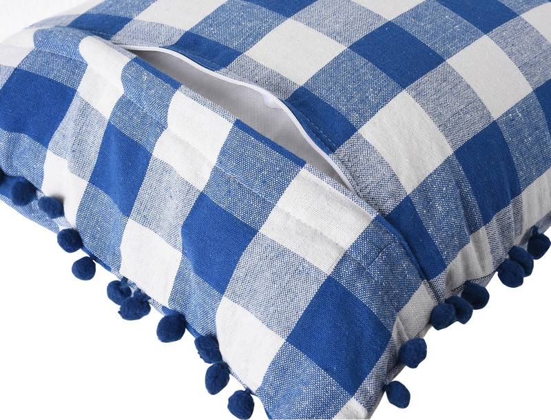 Lushomes Square Cushion Cover with Pom Pom, Cotton Sofa Pillow Cover Set of 2, 24x24 Inch, Big Checks, Blue and White