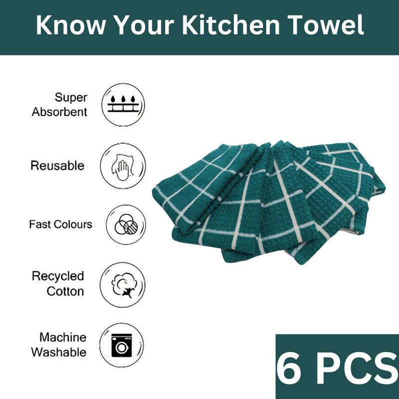 Lushomes Kitchen Cleaning Cloth, Terry Cotton Dish Machine Washable Towels for Home Use, 6 Pcs Green Checks Hand Towel
