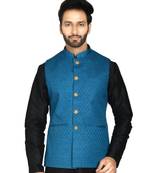 Blue plain blended cotton nehru-jacket