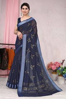 Navy blue printed cotton saree with blouse