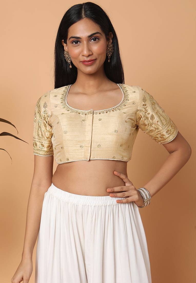Salwar Studio Women's Beige Silk Blend Readymade Saree Blouse