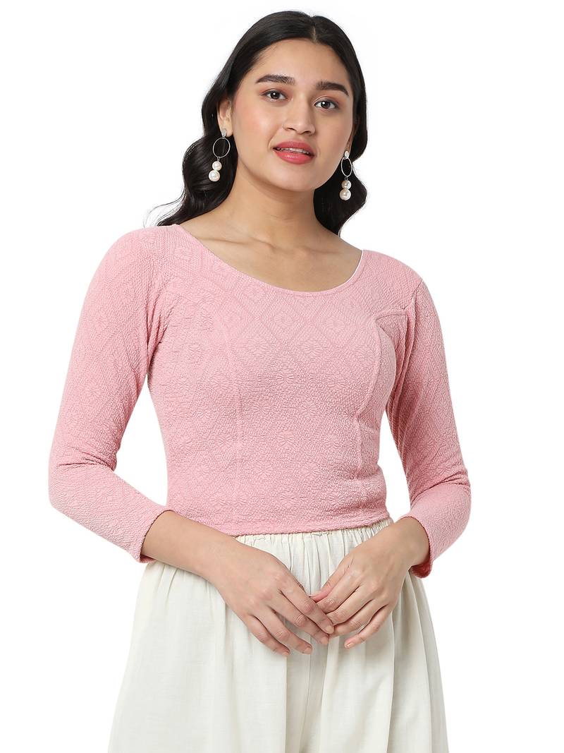 Salwar Studio Women's Light Pink Woolen Lycra Stretchable Readymade Saree Blouse