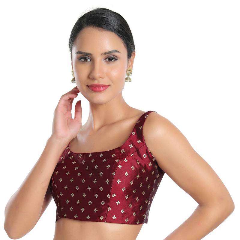 Salwar Studio Women's Maroon Silk Readymade Saree Blouse