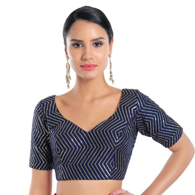 Salwar Studio Women's Navy Blue Silk Readymade Saree Blouse
