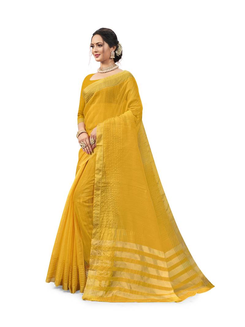 Mustard Color Super Net Cotton Saree With Matching Blouse piece