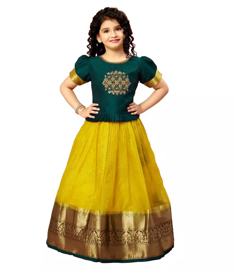 Elegant Green & Yellow Designer Pattu Pavadai for Girls