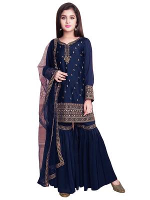 New Blue Coding Embroidery Sharara Slawar Suit Dress For Girls 1