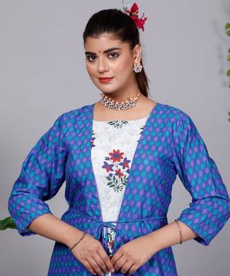 All Season Designer Blue With Multycolor Pure Cotton Gown 3