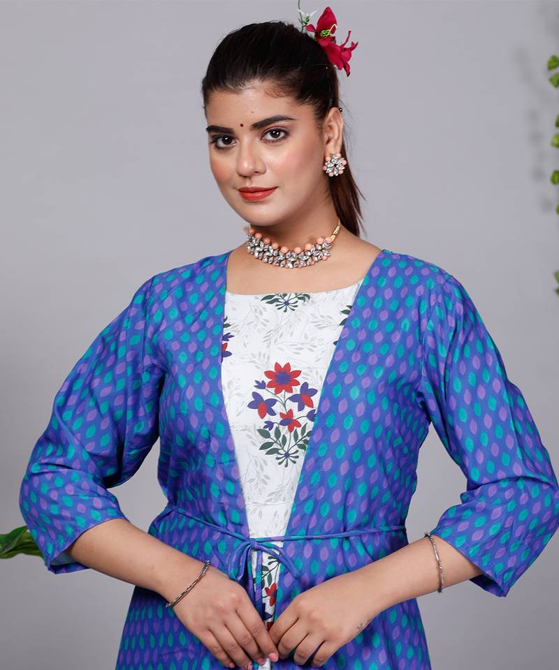 All Season Designer Blue With Multycolor Pure Cotton Gown