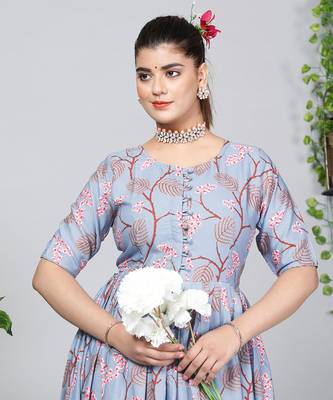 Partywear Designer Light Steel Blue Pure Cotton Gown 5