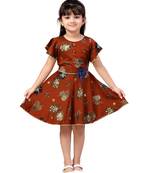Maroon printed blended cotton kids-frocks
