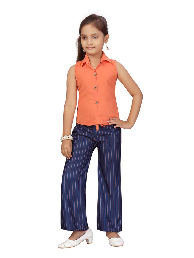Orange plain blended cotton girls-top-bottom