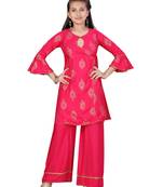 Pink printed cotton girls-top-bottom