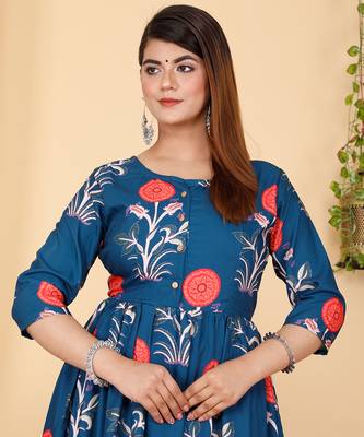Designer Partywear Printed Blue Pure Cotton Gown 3
