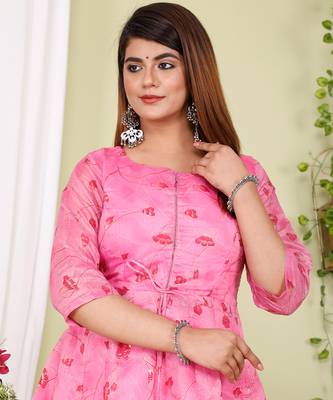 Partywear Designer Hand Screen and Foil Print pink Pure chanderi Gown 5