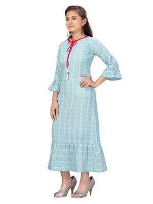 Turquoise plain cotton kids-girl-gowns 3