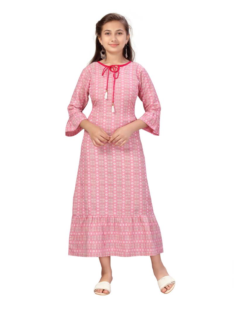 Pink plain cotton kids-girl-gowns