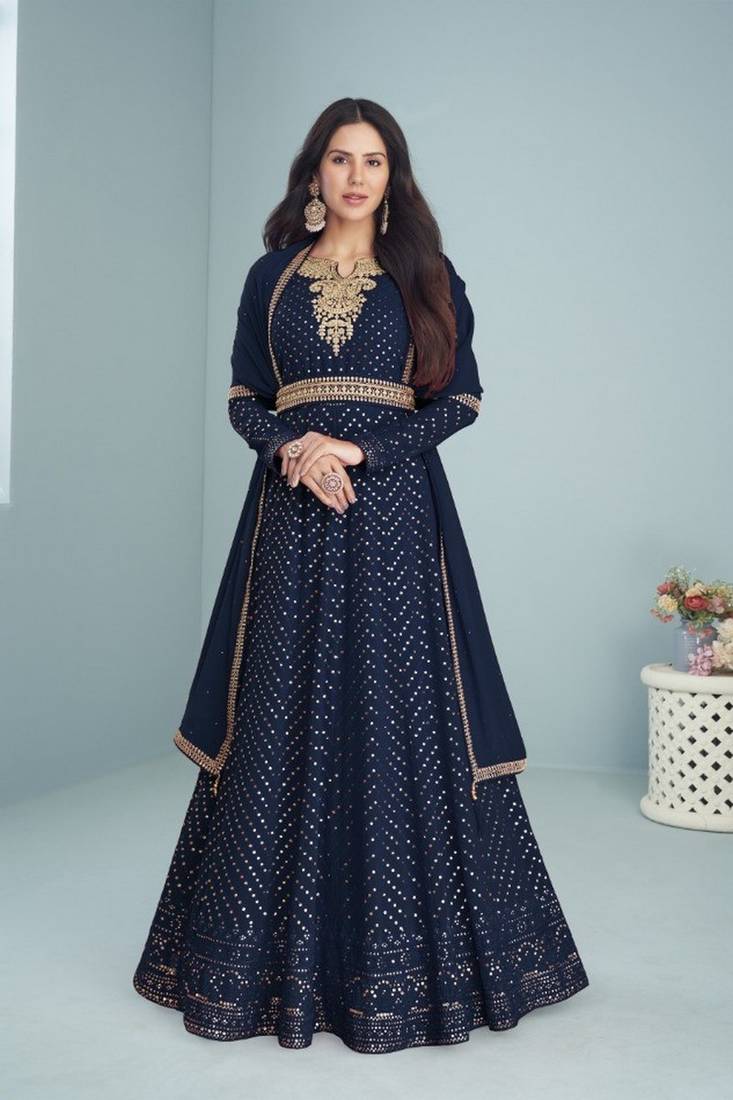 Navy blue embroidery georget semi stitch anarkali gowns