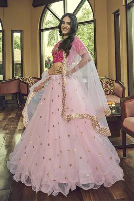Baby pink embroidered net semi stitched lehenga 3