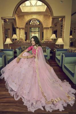 Baby pink embroidered net semi stitched lehenga 4