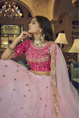 Baby pink embroidered net semi stitched lehenga 5