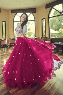 Pink embroidered net semi stitched lehenga 4