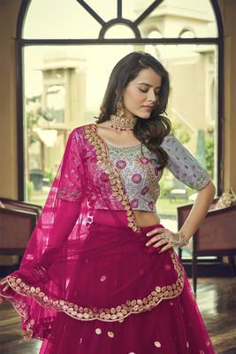 Pink embroidered net semi stitched lehenga 5