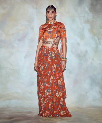 Rust Jaal Print Saree Set 1