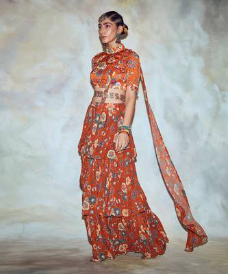 Rust Jaal Print Saree Set 2