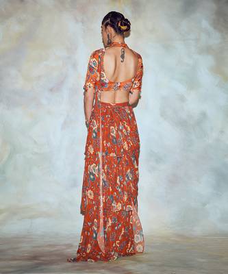 Rust Jaal Print Saree Set 3