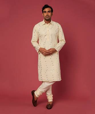Beige Emb. Shirt Collar Kurta Set 1