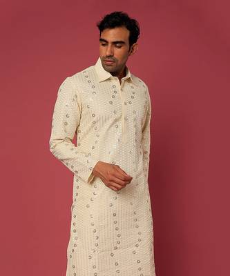 Beige Emb. Shirt Collar Kurta Set 3