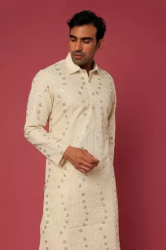 Beige Emb. Shirt Collar Kurta Set
