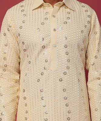Beige Emb. Shirt Collar Kurta Set 4