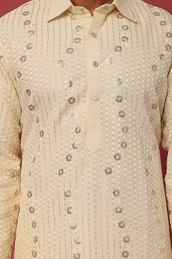 Beige Emb. Shirt Collar Kurta Set