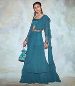 Teal Blue Sleeves Cuff Saree Set